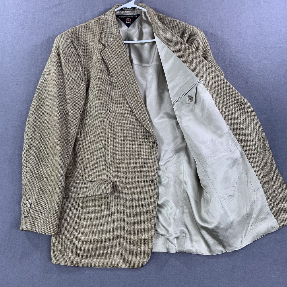 Vintage Tommy Hilfiger Beige Tweed Herringbn Wool Sport Coat Blazer USA Made 44L